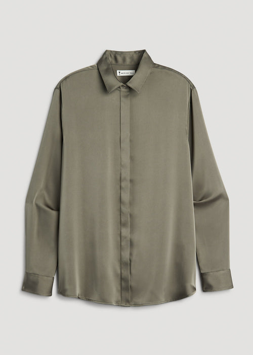 Relaxed Button-Up Blouse for Tall Women in Camper Green
