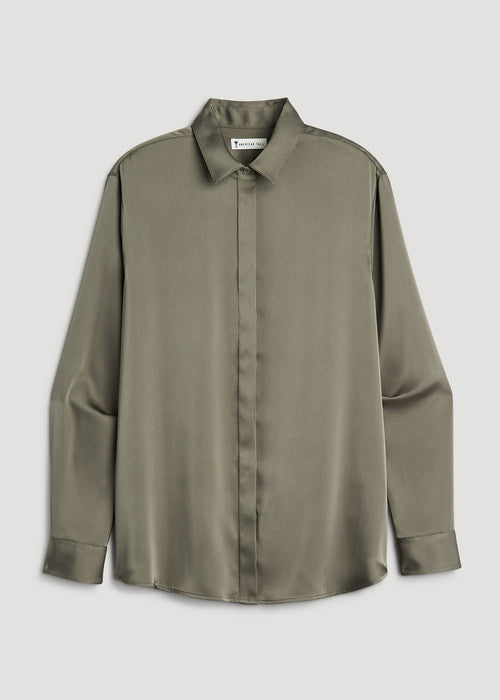 Relaxed Button-Up Blouse for Tall Women in Camper Green