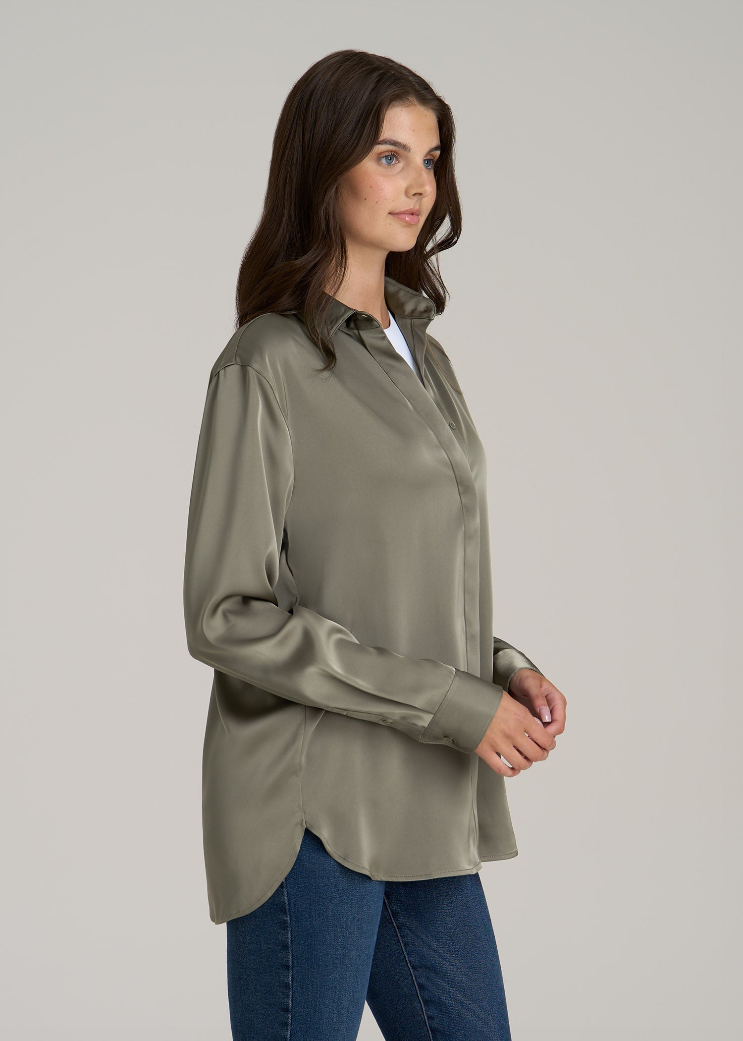 Relaxed Button-Up Blouse for Tall Women in Camper Green