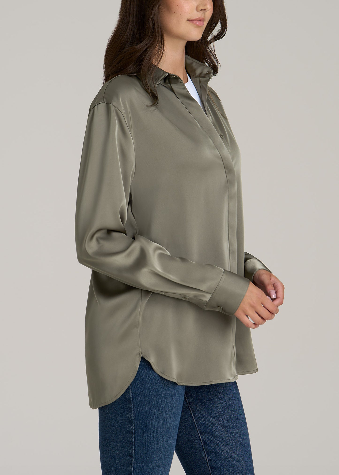 Relaxed Button Up Tall Women's Blouse in Camper Green