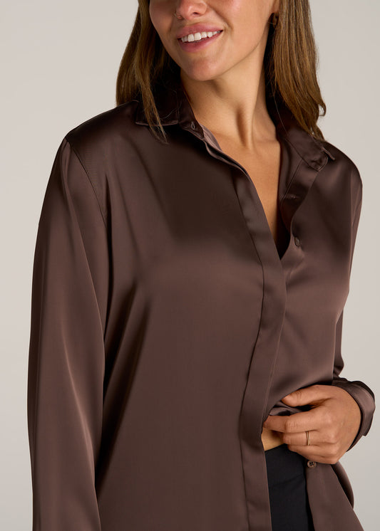 Relaxed Button Up Tall Women’s Blouse in Chocolate Mocha