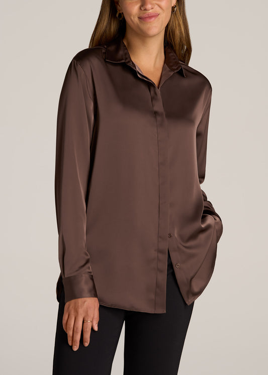 Relaxed Button Up Tall Women’s Blouse in Chocolate Mocha