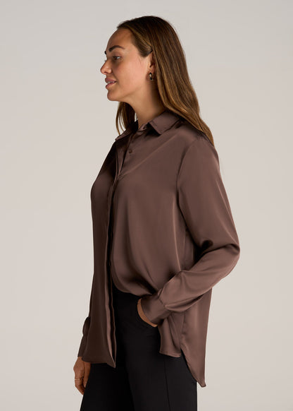 Relaxed Button-Up Blouse for Tall Women in Chocolate Mocha
