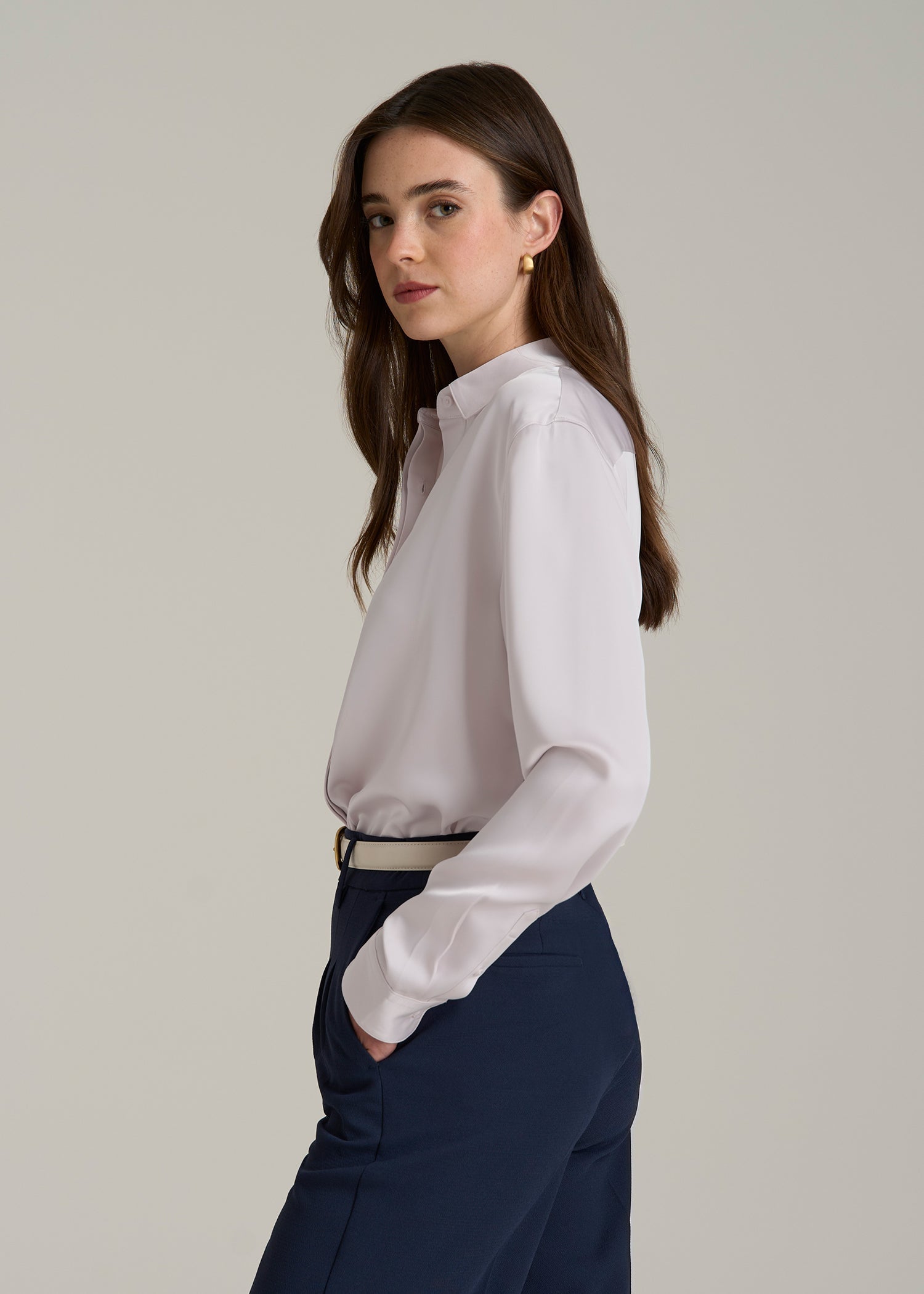 Relaxed Button-Up Blouse for Tall Women in Grey Lilac