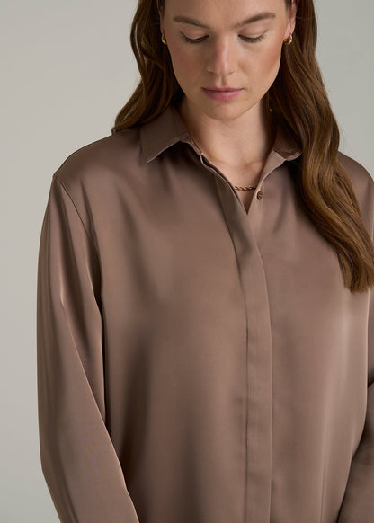 Relaxed Button-Up Blouse for Tall Women in Latte