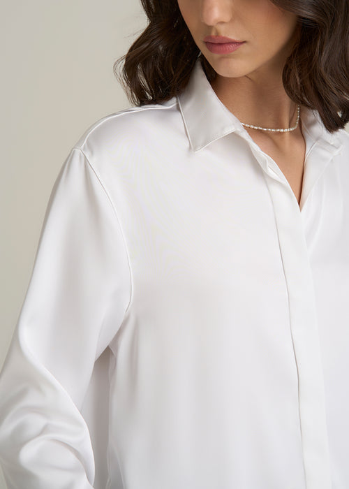 Relaxed Button-Up Blouse for Tall Women in Pearl White