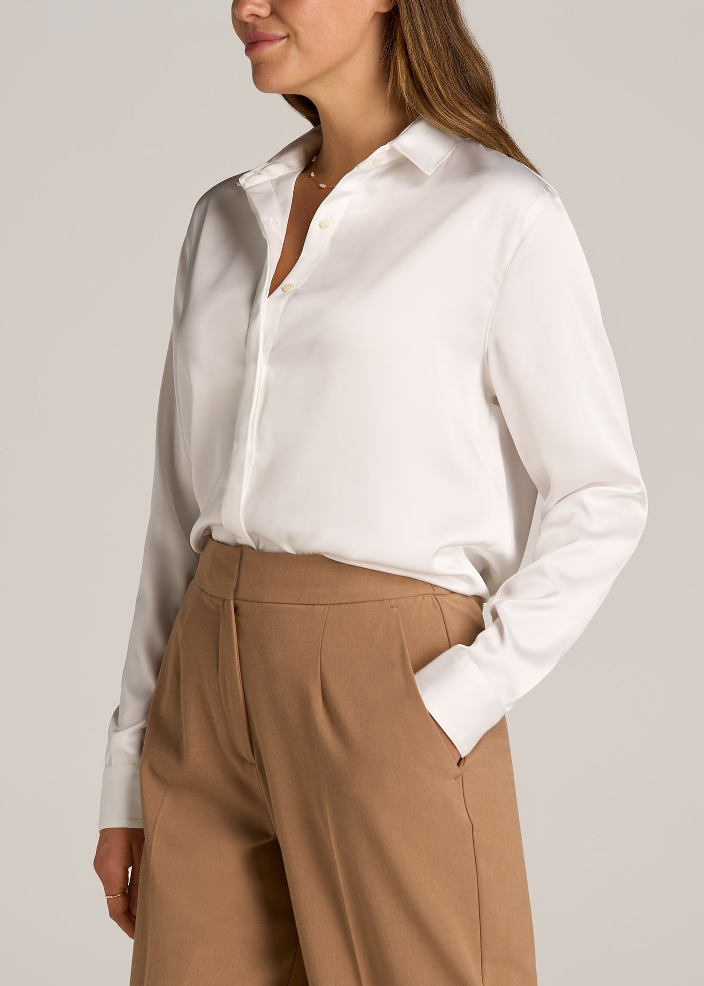 Relaxed Button Up Tall Women’s Blouse in Pearl White