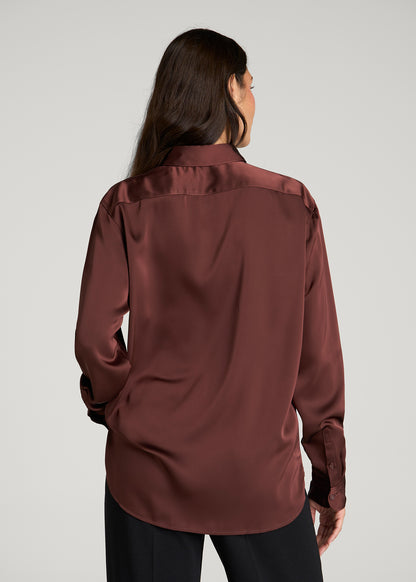 Relaxed Button-Up Blouse for Tall Women in Rum Raisin