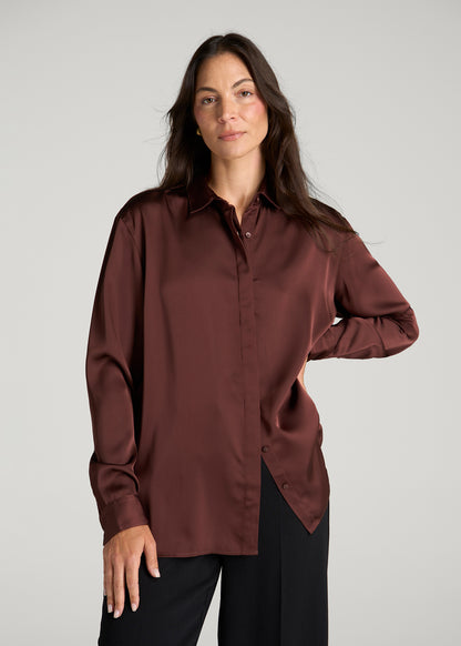 Relaxed Button-Up Blouse for Tall Women in Rum Raisin