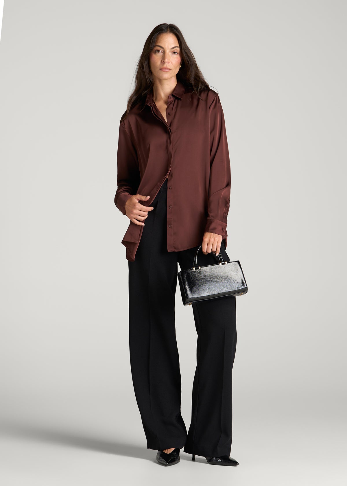 Relaxed Button-Up Blouse for Tall Women in Rum Raisin