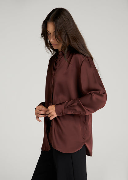 Relaxed Button-Up Blouse for Tall Women in Rum Raisin