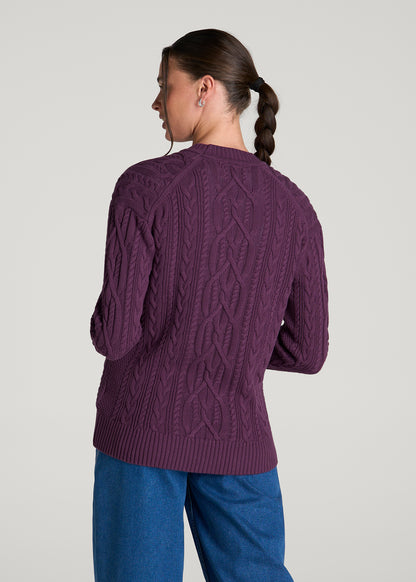 Relaxed Cotton Cable Knit Cardigan for Tall Women in Aubergine