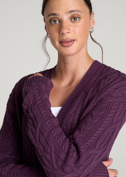 Relaxed Cotton Cable Knit Cardigan for Tall Women in Aubergine