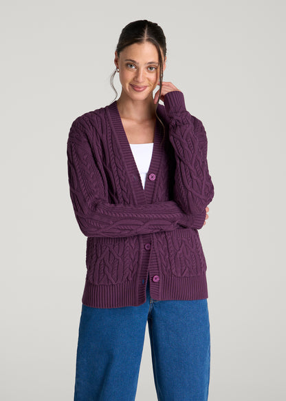 Relaxed Cotton Cable Knit Cardigan for Tall Women in Aubergine