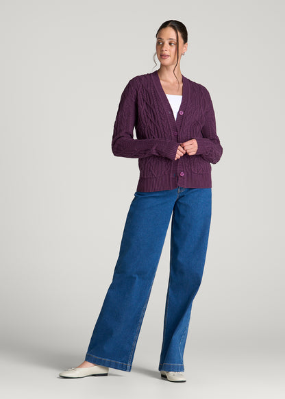 Relaxed Cotton Cable Knit Cardigan for Tall Women in Aubergine