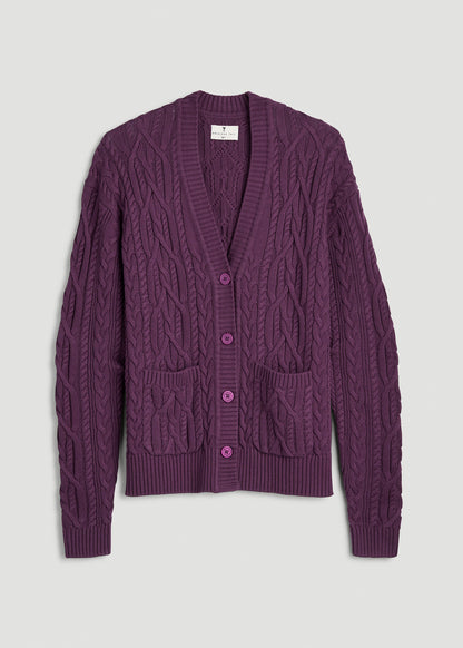 Relaxed Cotton Cable Knit Cardigan for Tall Women in Aubergine