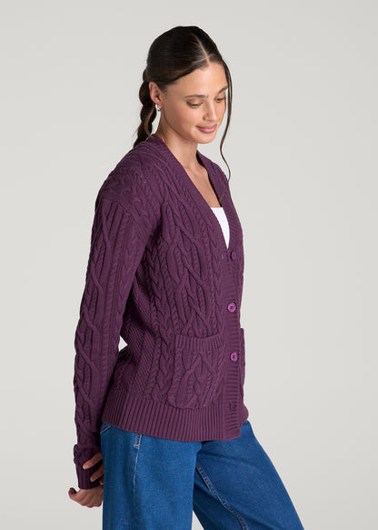 Relaxed Cotton Cable Knit Cardigan for Tall Women in Aubergine