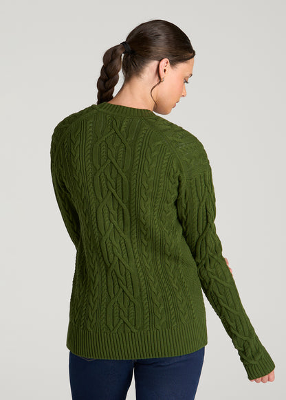 Relaxed Cotton Cable Knit Cardigan for Tall Women in Bay Leaf