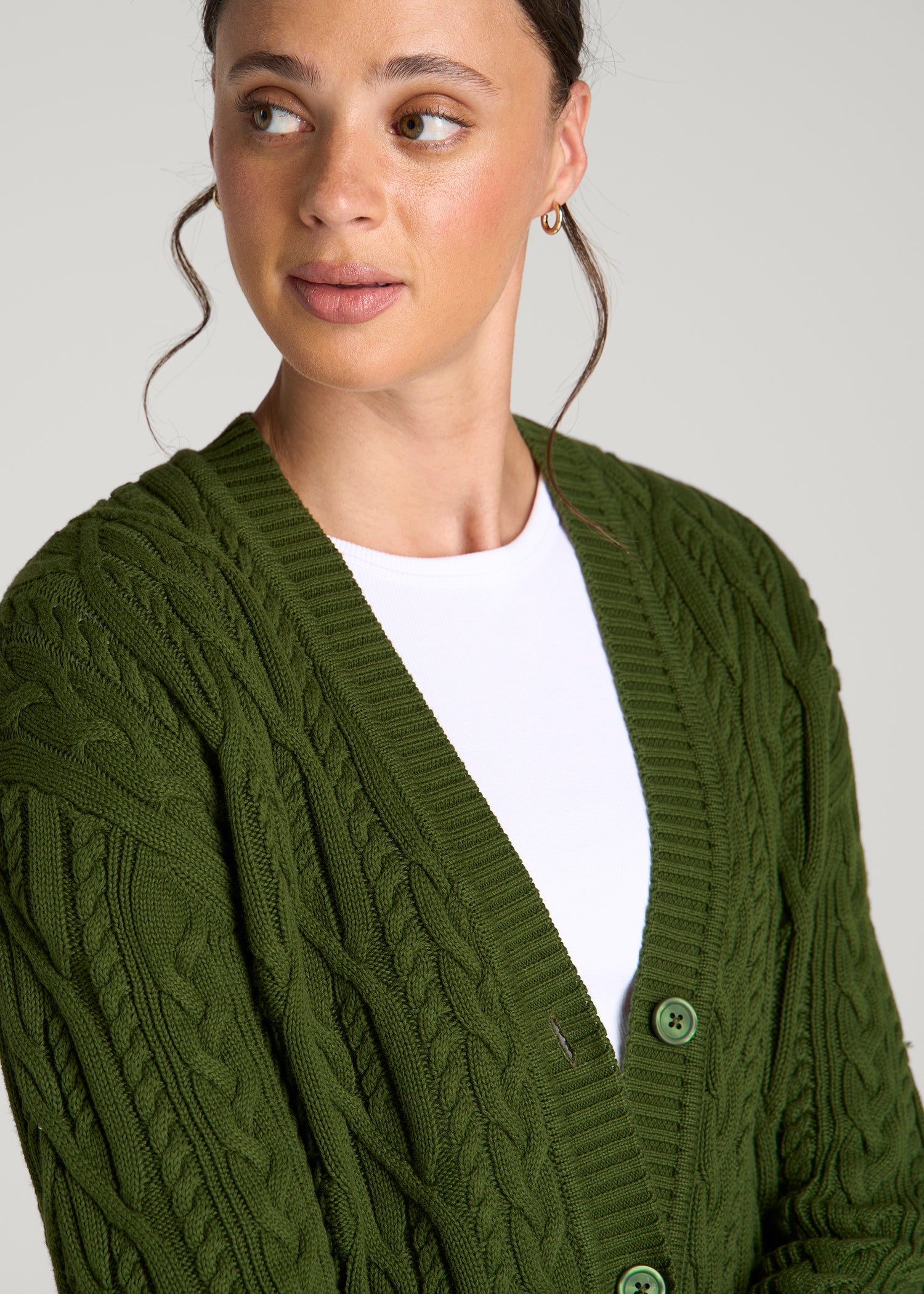 Relaxed Cotton Cable Knit Cardigan for Tall Women in Bay Leaf