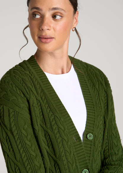Relaxed Cotton Cable Knit Cardigan for Tall Women in Bay Leaf