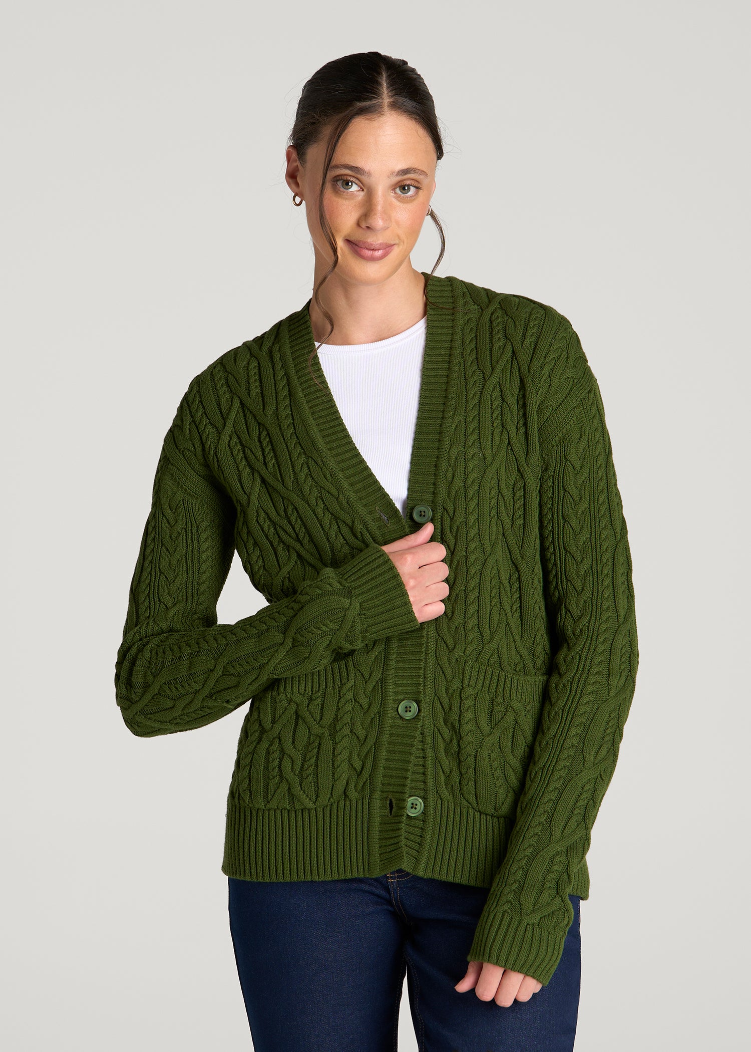 Relaxed Cotton Cable Knit Cardigan for Tall Women in Bay Leaf