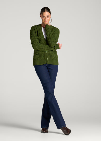 Relaxed Cotton Cable Knit Cardigan for Tall Women in Bay Leaf