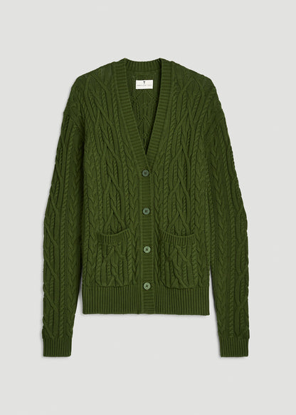 Relaxed Cotton Cable Knit Cardigan for Tall Women in Bay Leaf