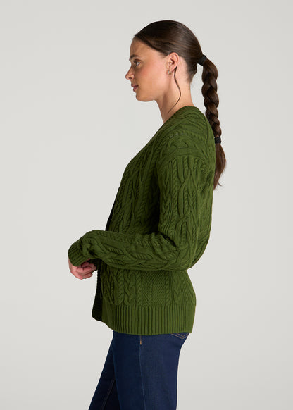 Relaxed Cotton Cable Knit Cardigan for Tall Women in Bay Leaf