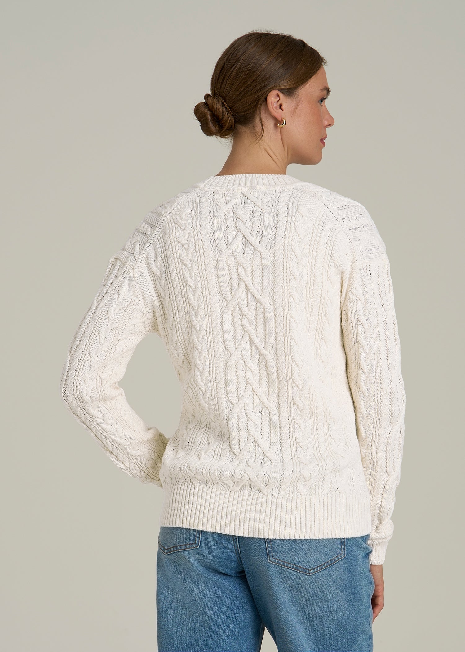 Relaxed Cotton Cable Knit Cardigan for Tall Women in Ecru