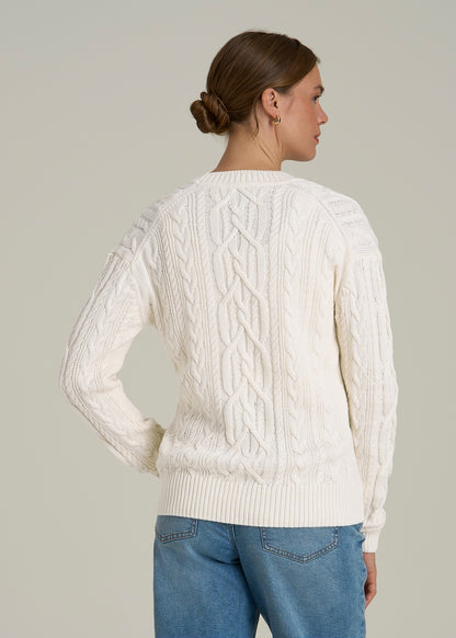 Relaxed Cotton Cable Knit Cardigan for Tall Women in Ecru