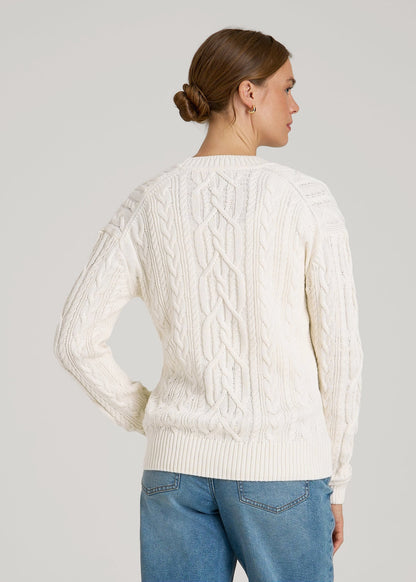 Relaxed Cotton Cable Knit Cardigan for Tall Women in Ecru