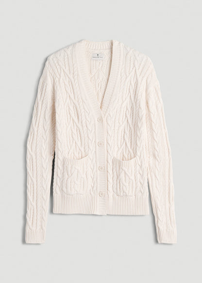 Relaxed Cotton Cable Knit Cardigan for Tall Women in Ecru