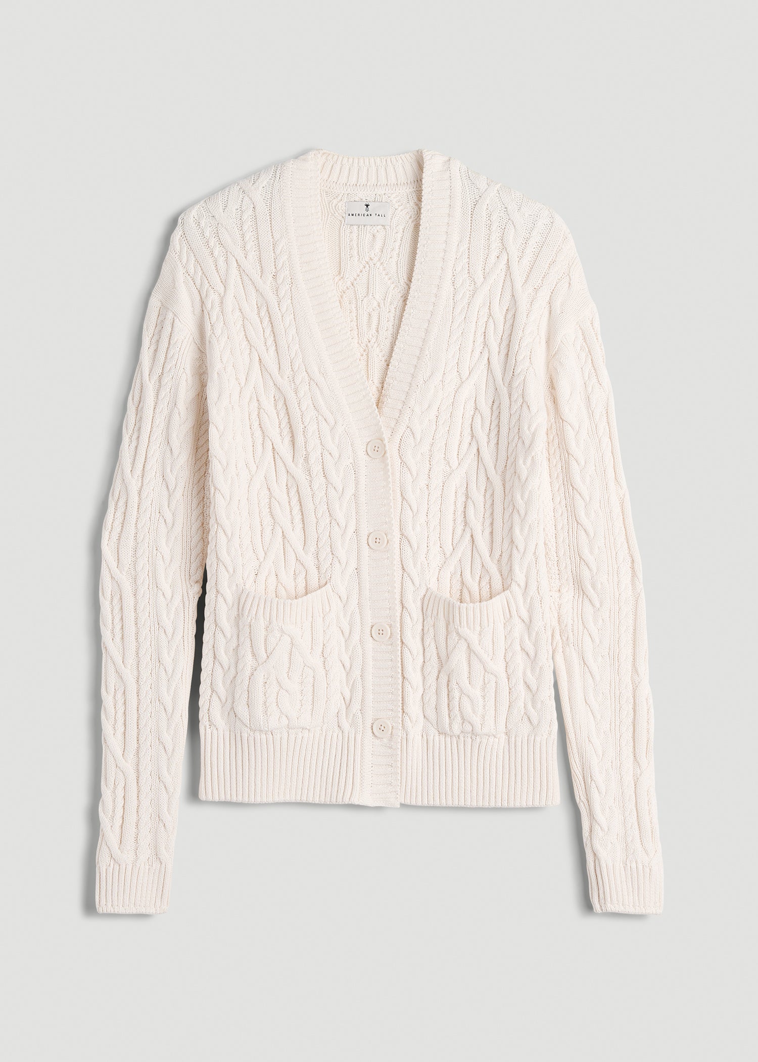 Relaxed Cotton Cable Knit Cardigan for Tall Women in Ecru
