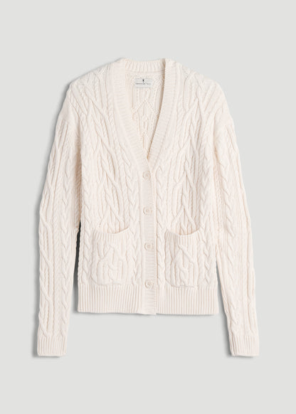 Relaxed Cotton Cable Knit Cardigan for Tall Women in Ecru