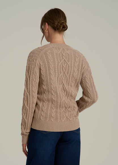 Relaxed Cotton Cable Knit Cardigan for Tall Women in Stucco