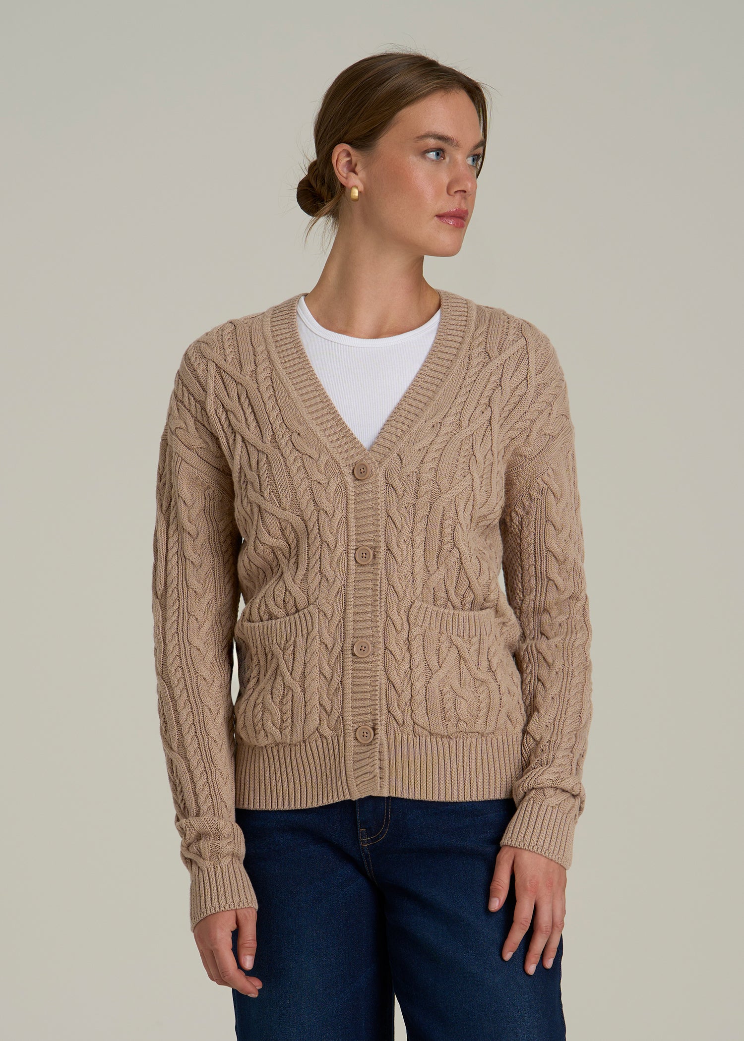 Relaxed Cotton Cable Knit Cardigan for Tall Women in Stucco