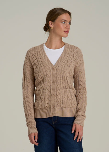 Relaxed Cotton Cable Knit Cardigan for Tall Women in Stucco