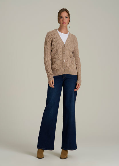 Relaxed Cotton Cable Knit Cardigan for Tall Women in Stucco