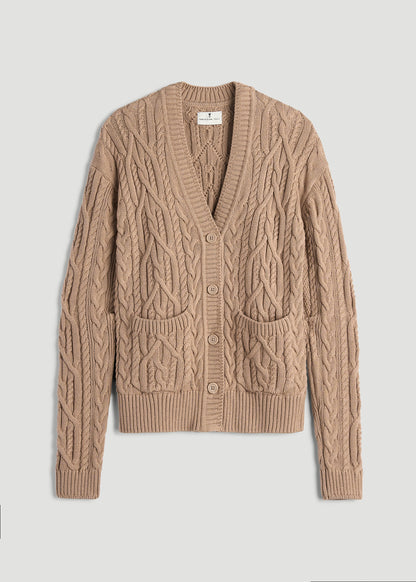 Relaxed Cotton Cable Knit Cardigan for Tall Women in Stucco