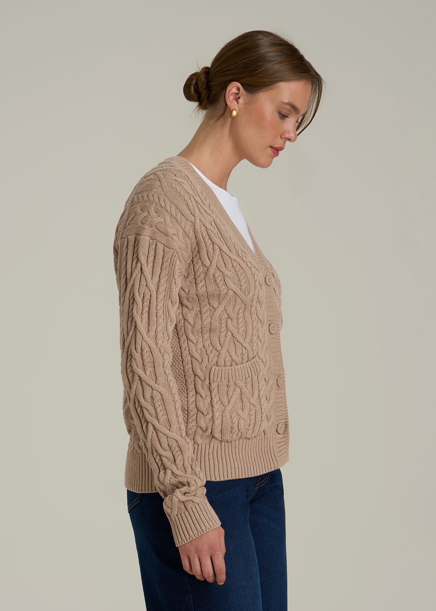 Relaxed Cotton Cable Knit Cardigan for Tall Women in Stucco