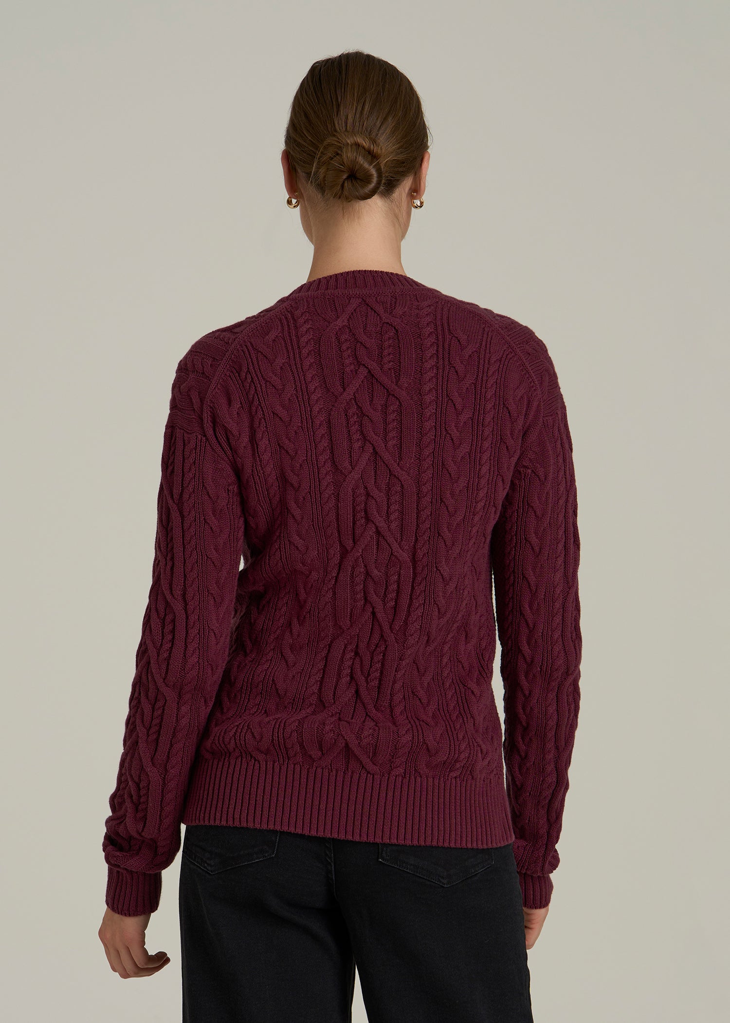 Relaxed Cotton Cable Knit Cardigan for Tall Women in Tawny Port