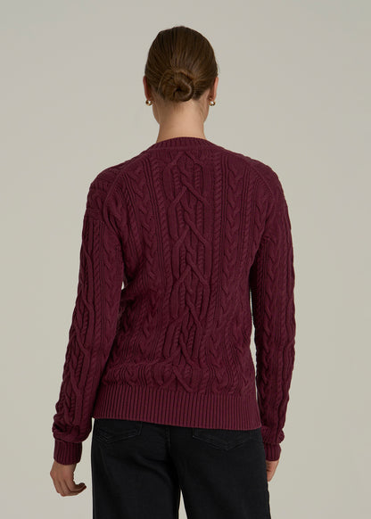 Relaxed Cotton Cable Knit Cardigan for Tall Women in Tawny Port