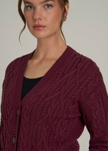 Relaxed Cotton Cable Knit Cardigan for Tall Women in Tawny Port