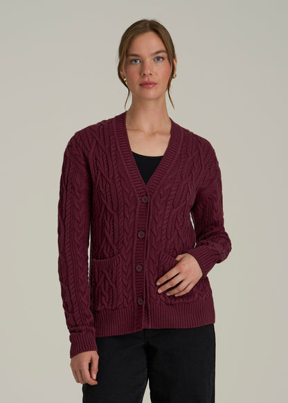 Relaxed Cotton Cable Knit Cardigan for Tall Women in Tawny Port