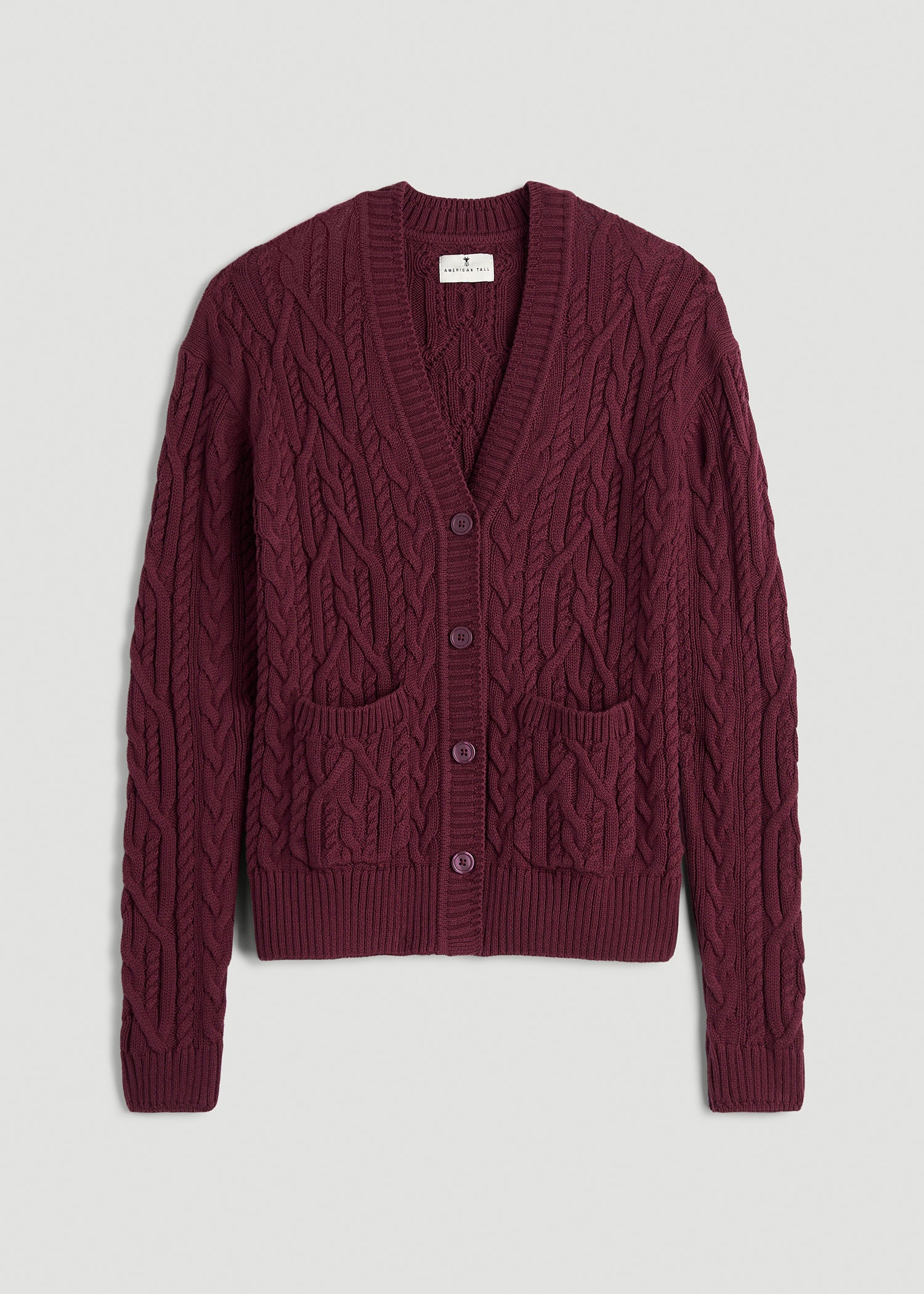 Relaxed Cotton Cable Knit Cardigan for Tall Women in Tawny Port