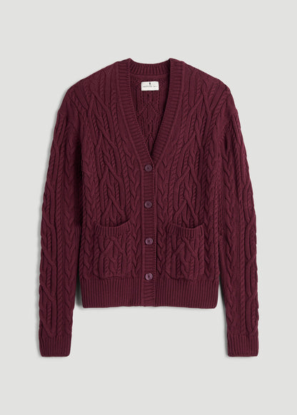 Relaxed Cotton Cable Knit Cardigan for Tall Women in Tawny Port