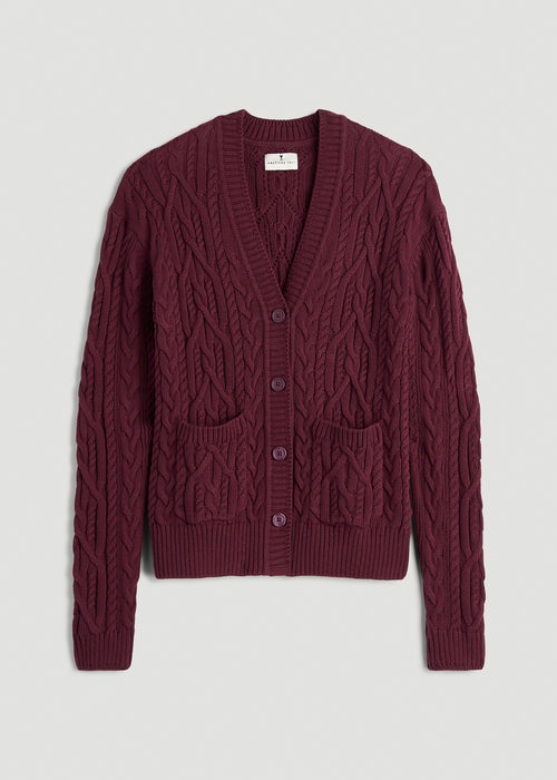 Relaxed Cotton Cable Knit Cardigan for Tall Women in Tawny Port