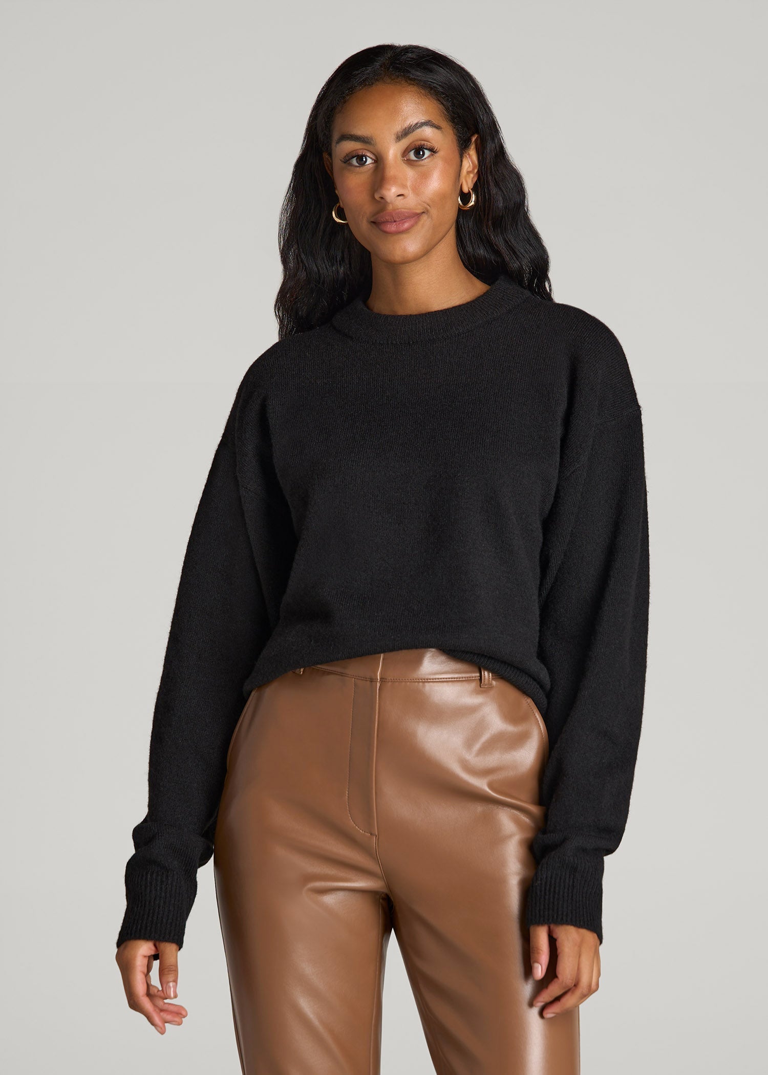 Relaxed Crewneck Wool Blend Sweater for Tall Women in Black