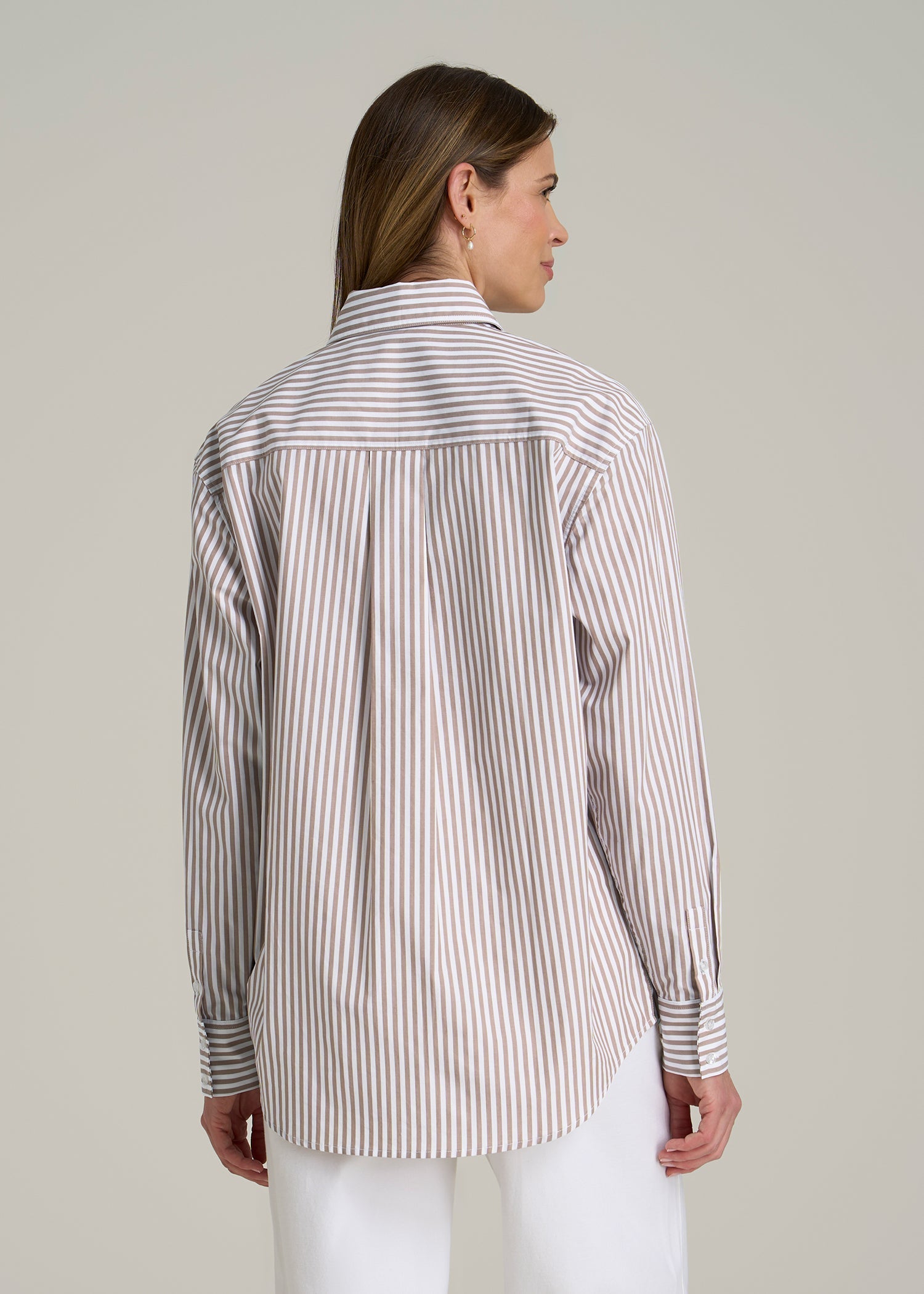 Relaxed Poplin Button-Up Shirt for Tall Women in Brown and White Stripe