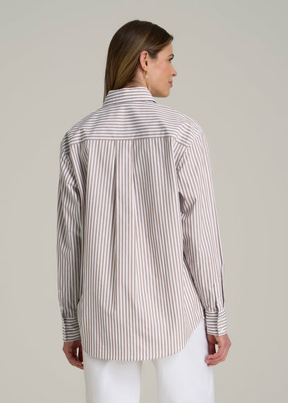 Relaxed Poplin Button-Up Shirt for Tall Women in Brown and White Stripe
